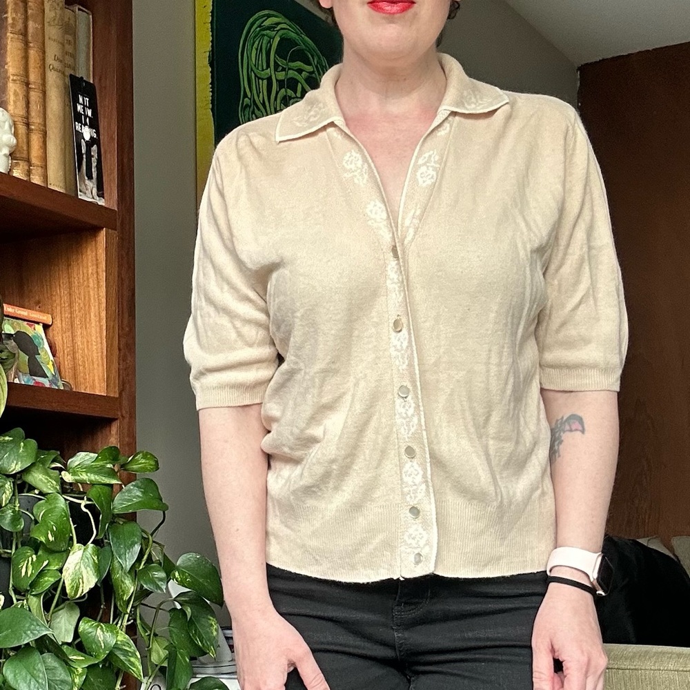 Vintage Cream Button-Up Women's Top with Half Sleeves